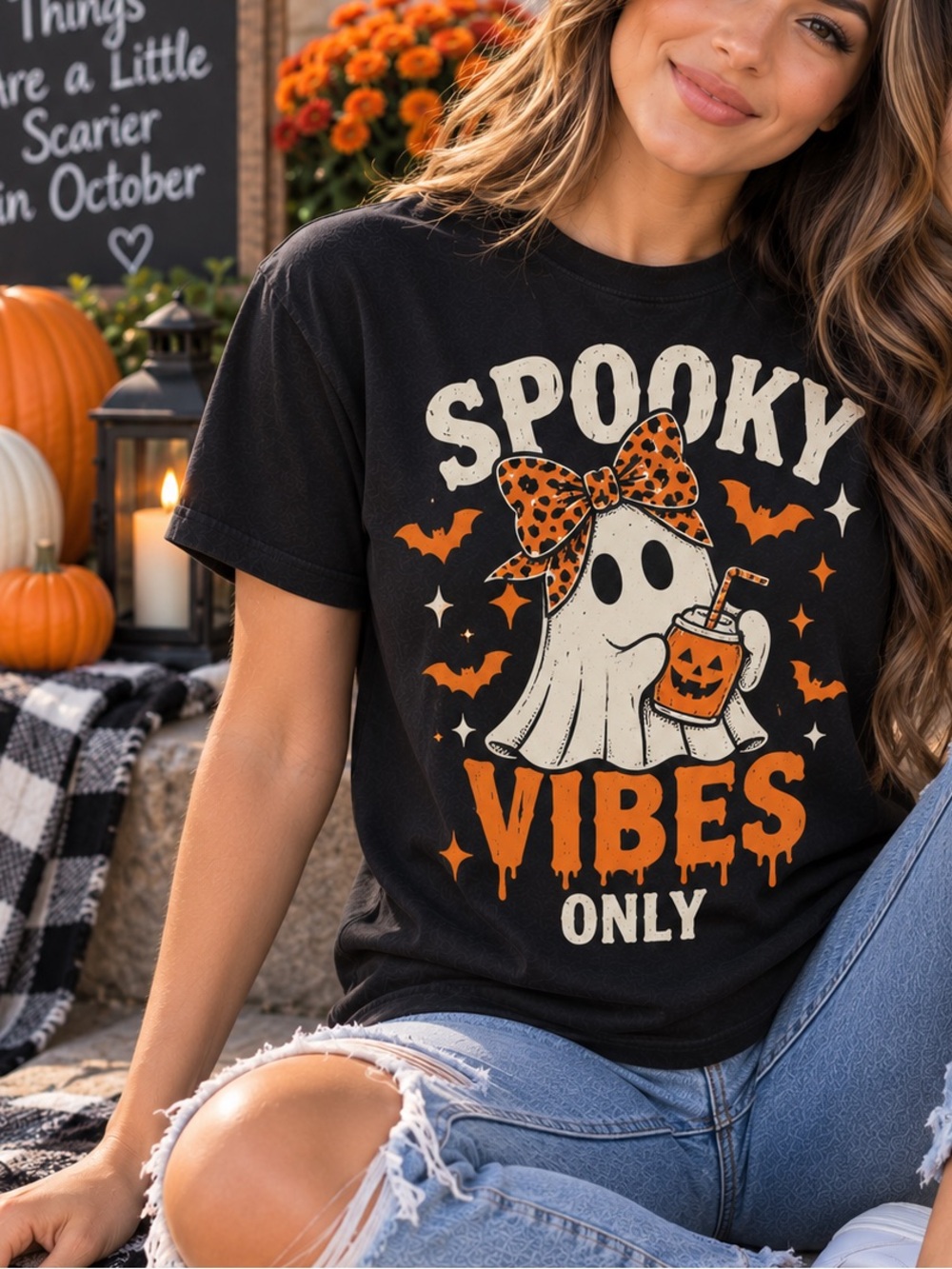 Spooky Vibes Only Halloween Graphic T- Shirt Women’s 100% Cotton